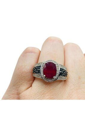 Carol Brodie Rarities Sterling Silver Halo Faceted Ruby, Black Spinel Ring Sz 10